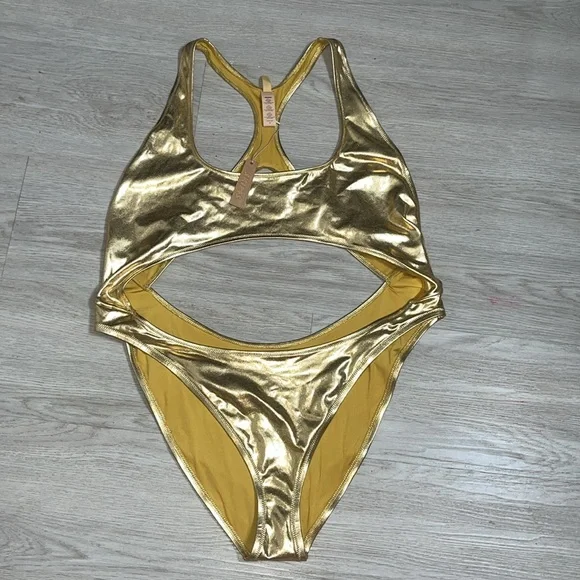 NWT SKIMS Signature Swim Cut Out Gold Metallic Monokini Swimsuit 3X - Picture 7 of 13